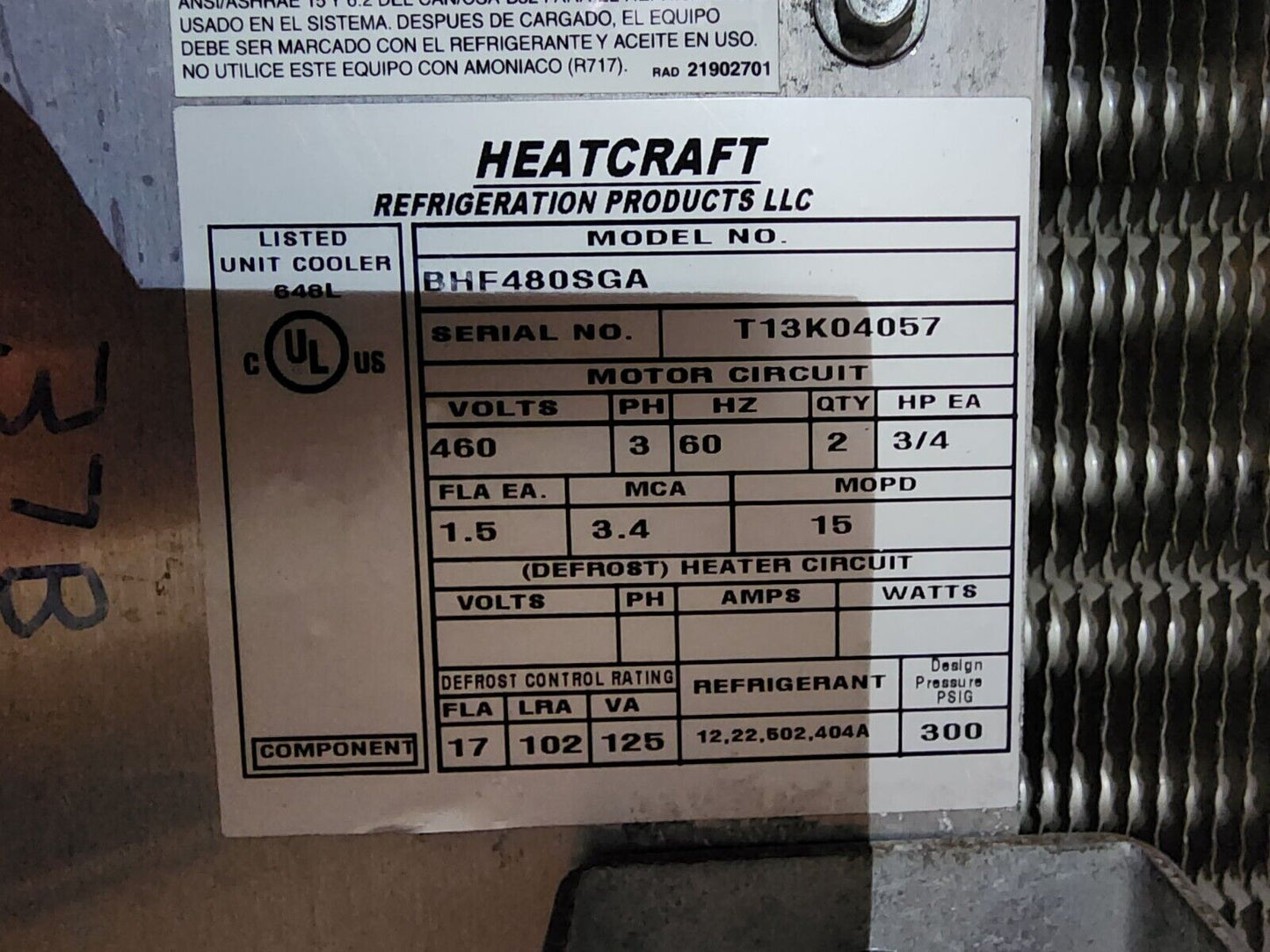 Used Bohn/Heatcraft evaporator - 460v, 48,000BTUs BHF480SGA