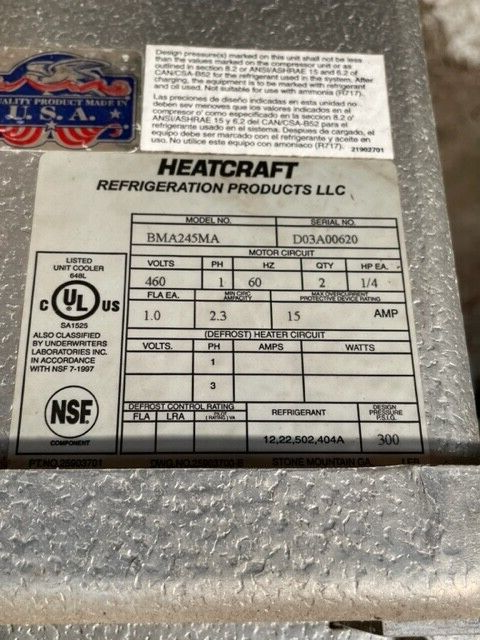 Bohn Evaporator #BMA245MA 24,500 BTU Used Unit Air Defrost