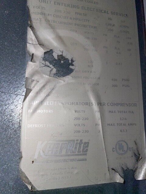 KeepRite Model #KVS025L2-HT3X-A2C200 Condensing Unit Used 25hp Low Temp