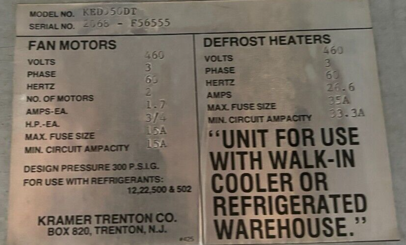 Kramer Used Evaporator Unit - 3500 BTU, 460 volts, 3 phase, Electric Defrost
