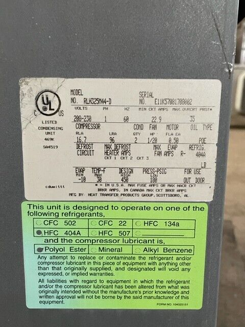 Russel Model #RLH325M44-D Condensing Unit Used 2.5hp Used Unit