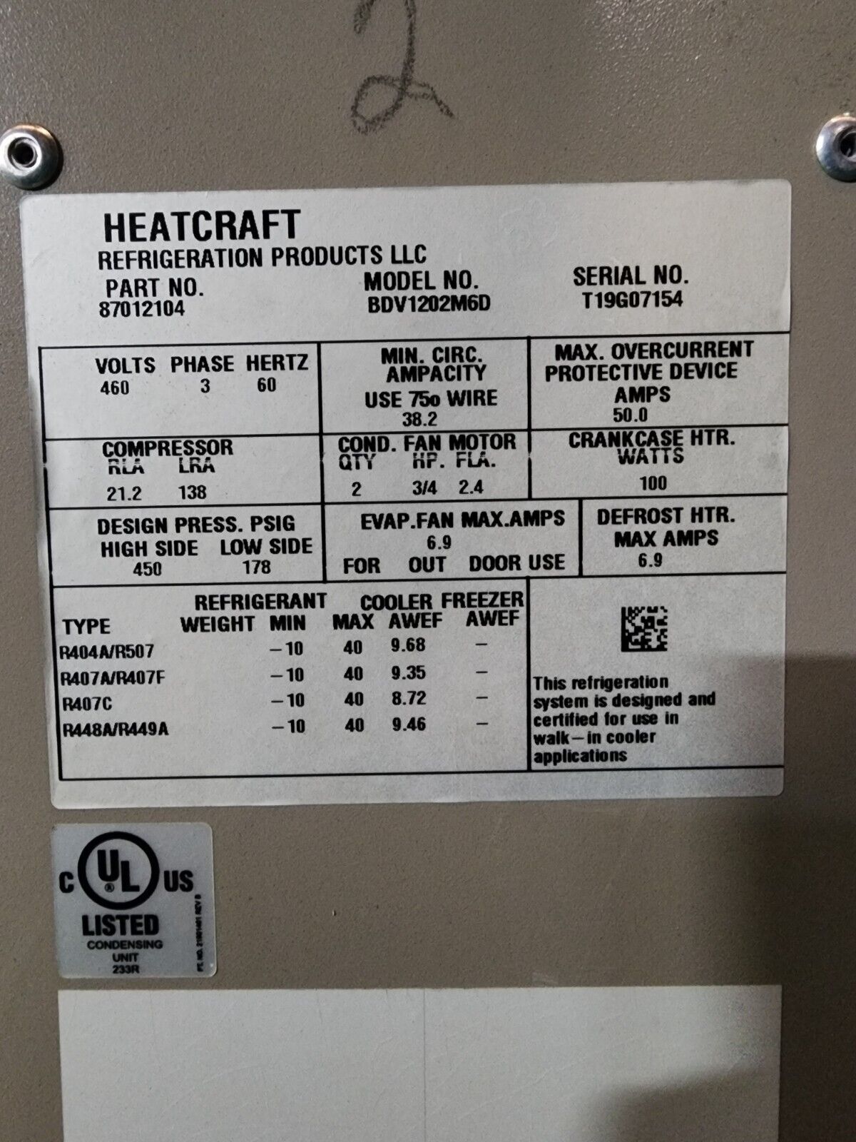 Bohn Heatcraft Condensing Unit - 12HP, 460v, Med Temp BDV1202M6D