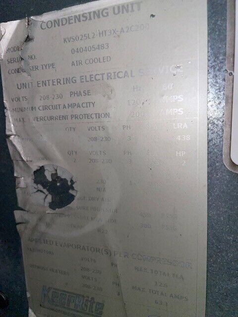 KeepRite Model #KVS025L2-HT3X-A2C200 Condensing Unit Used 25hp Low Temp