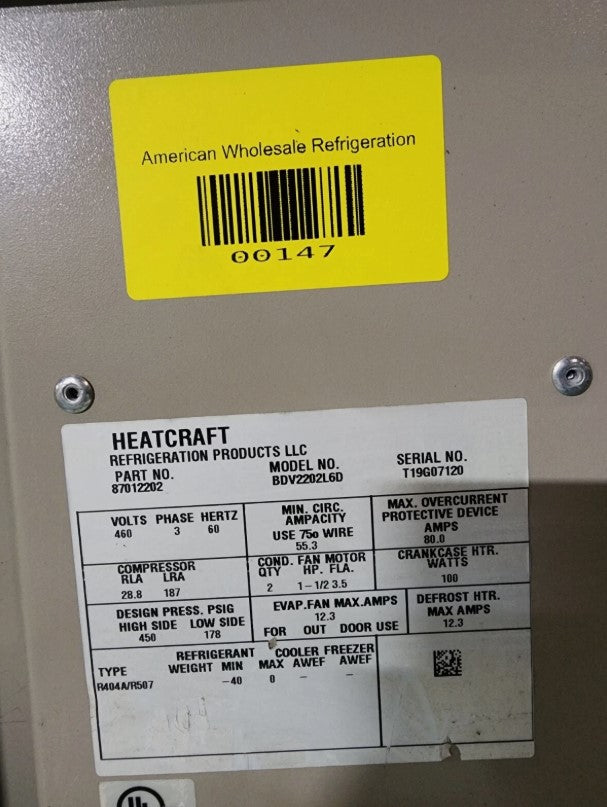 Used Bohn/Heatcraft Condensing Unit - 22HP, 460v, Low Temp BDV2202L6D