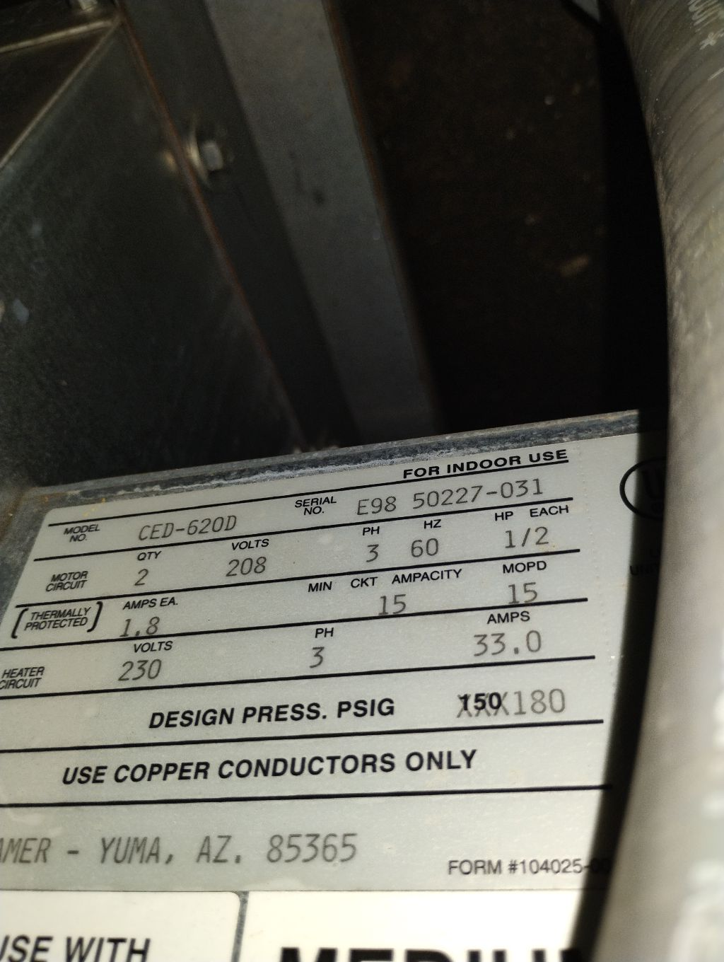 Used Kramer CED-620D 62,000 BTU Electric Defrost Evaporator Blower 208/230/3 Ph