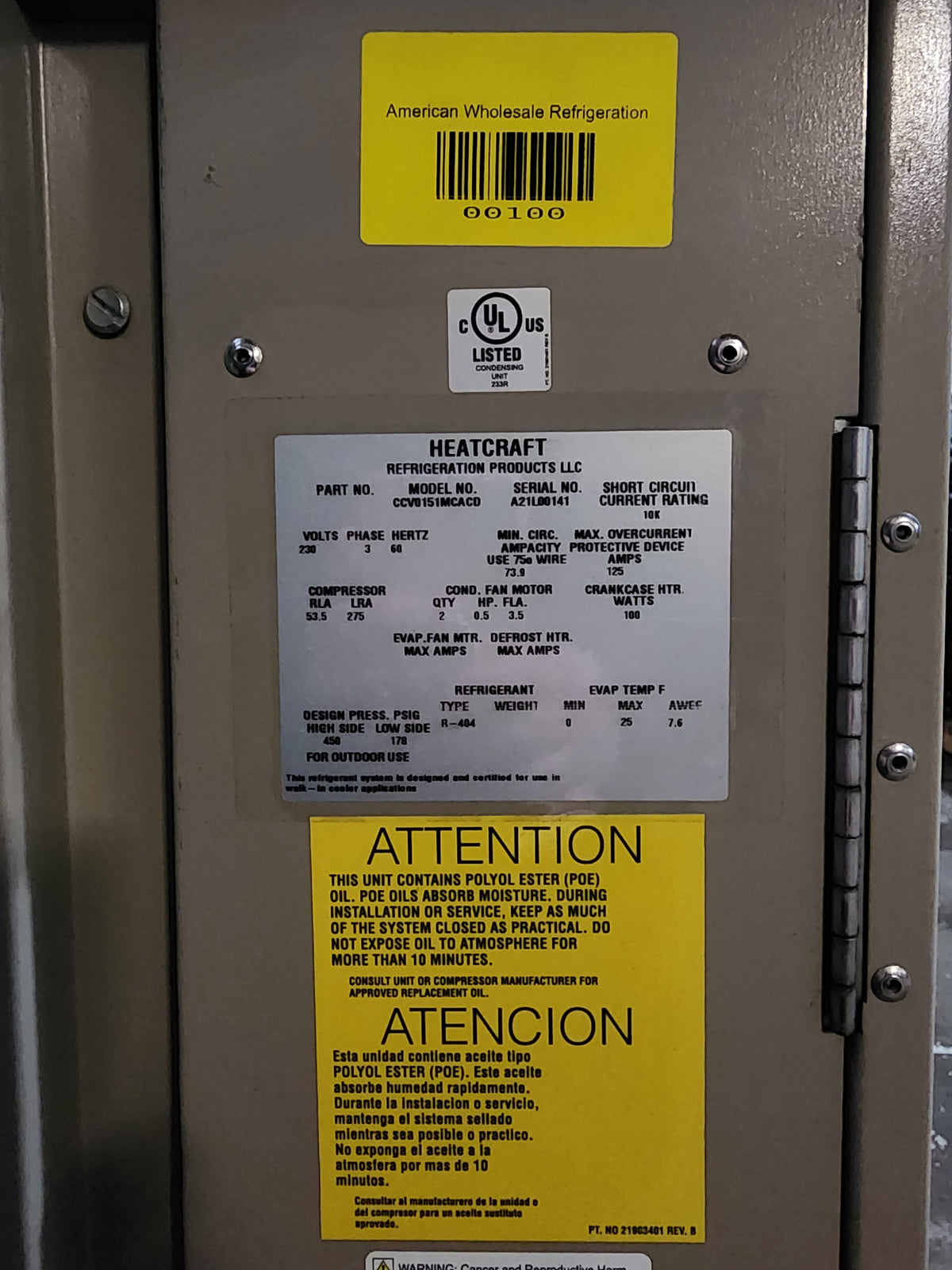 Bohn 15 HP Medium Temp Cooler CCV0151MCACD Condensing Unit w/ Evaporator Never Used