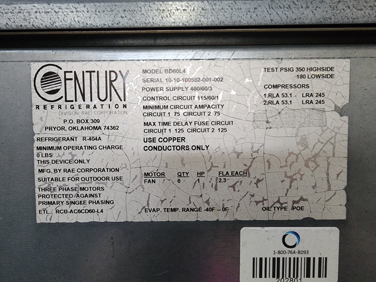 Used Century condensing unit - 60HP low temp - BD60L4