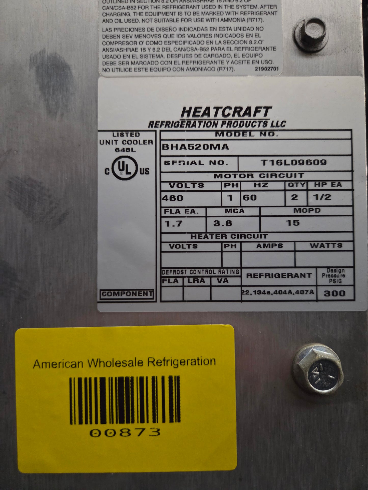 Bohn/Heatcraft Evaporator #BHA520MA 5200BTU