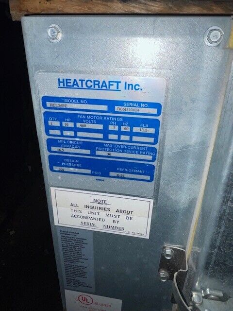 Bohn Air Handler Model # HCL26FC Used Condensing Unit 1-hp horsepower 460 volt