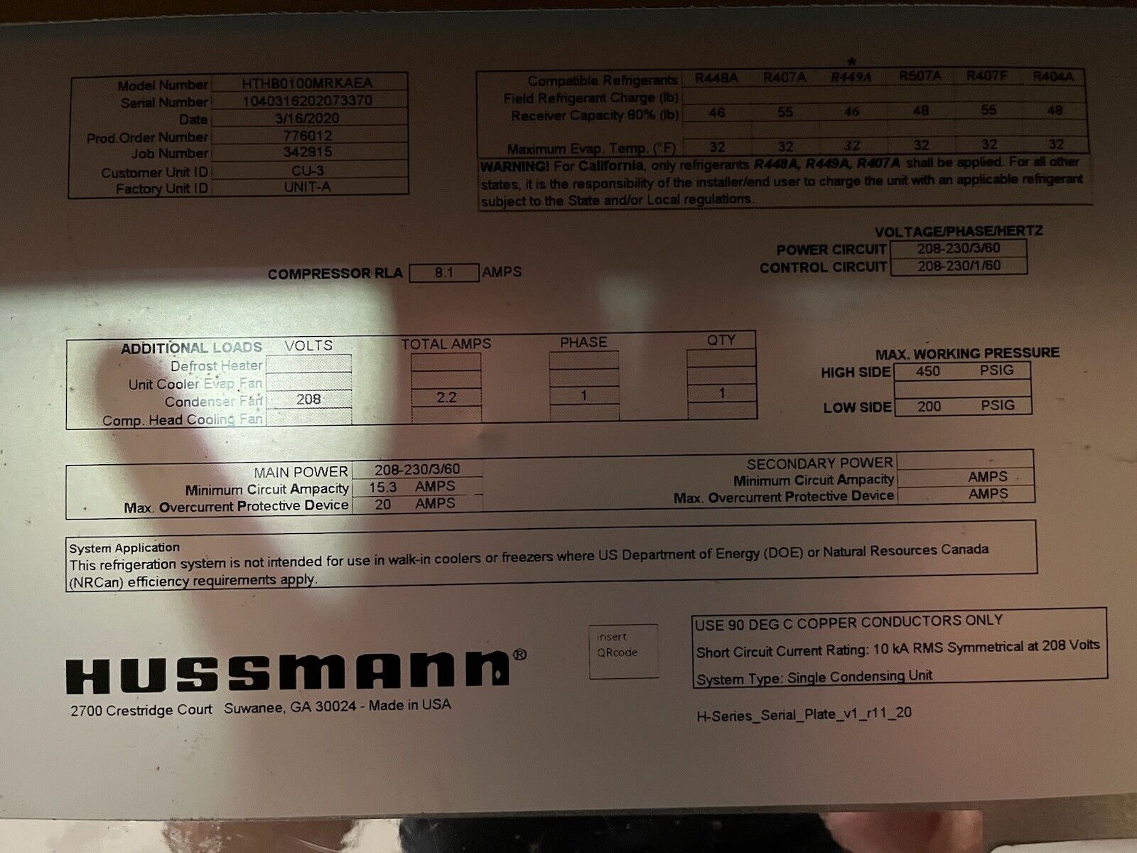 Hussmann condensing unit - HTHB0100MRKAEA