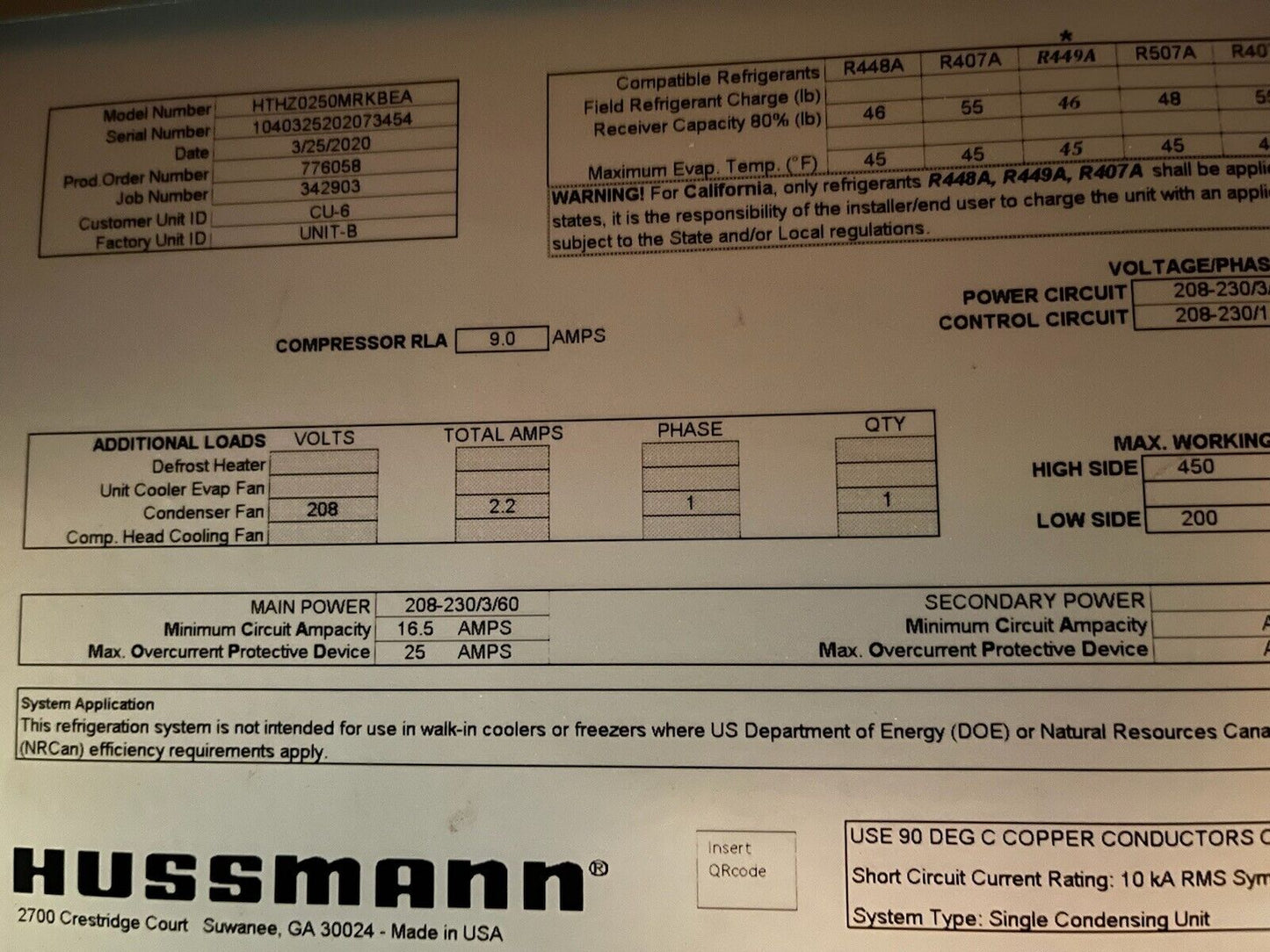 Hussmann condensing unit - HTHZ0250MRKBEA