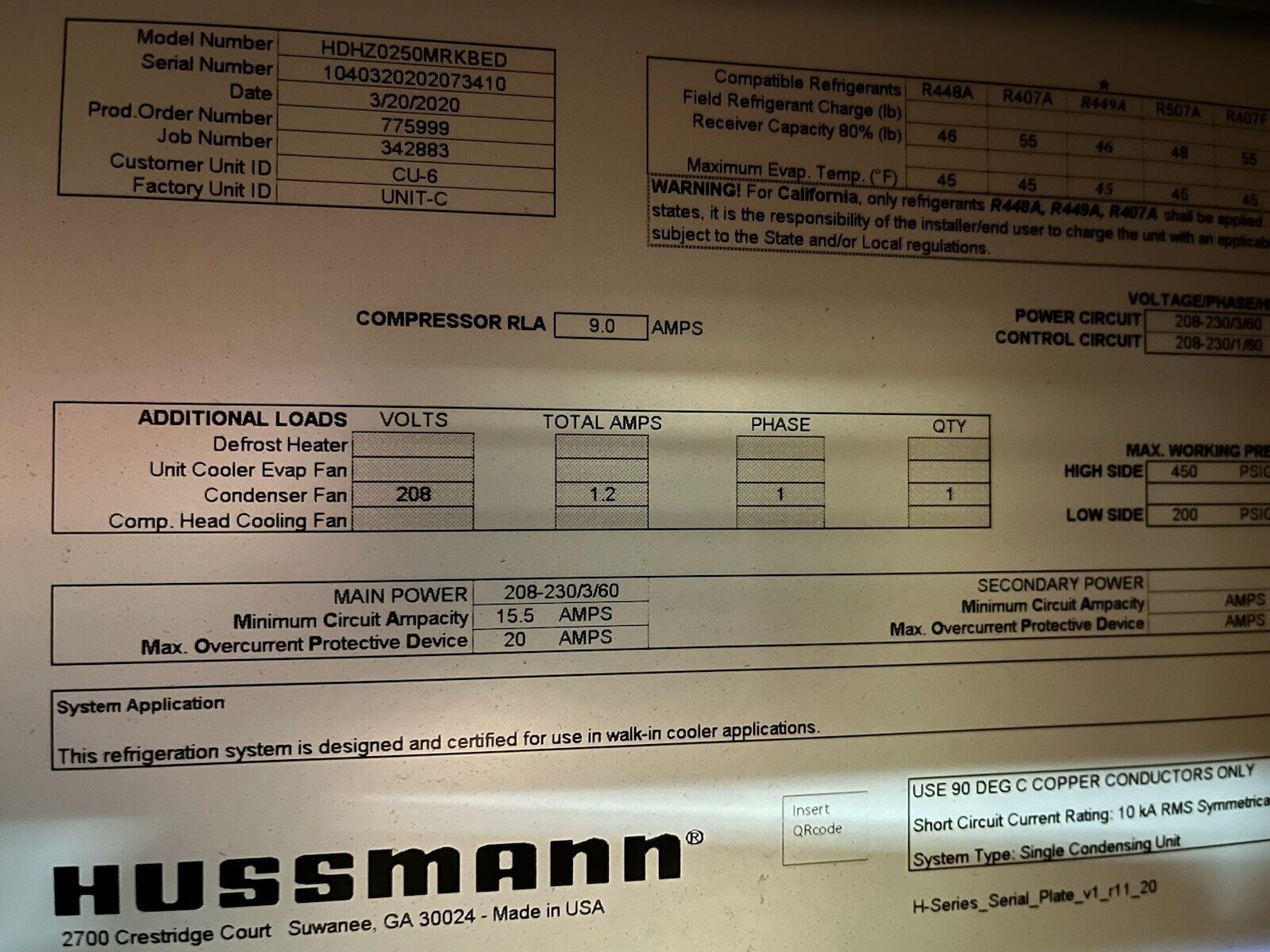 Hussmann condensing unit - HDHZ0250MRKBED