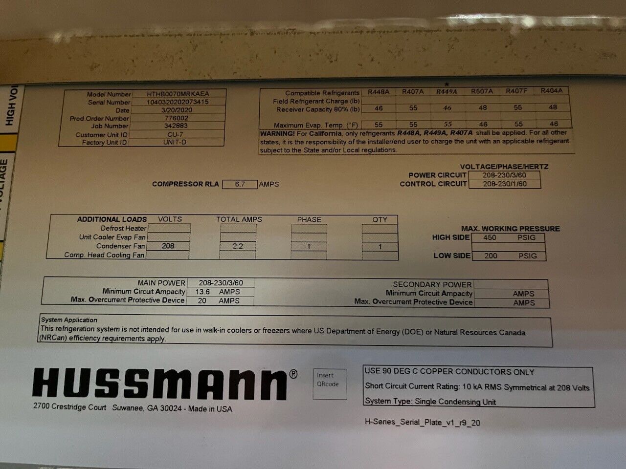 Hussmann condensing unit - HTHB0070MRKAEA