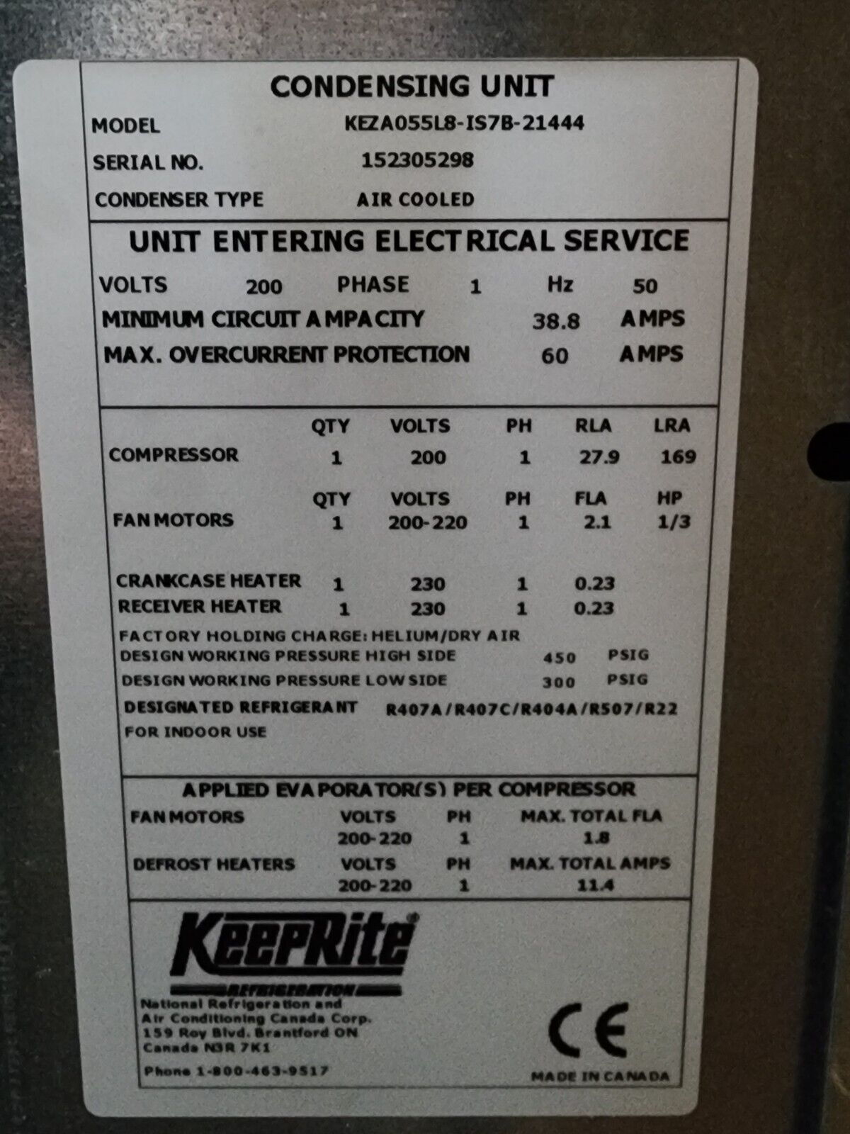 Keeprite INDOOR condensing unit in great condition! KEZA055L8-IS7B-21444