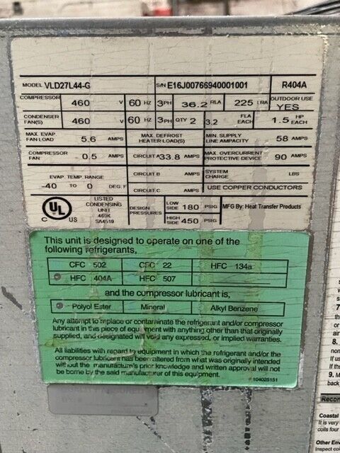 Russel Model #VLD27L44-G Condensing Unit Used 27hp horsepower Low Temp