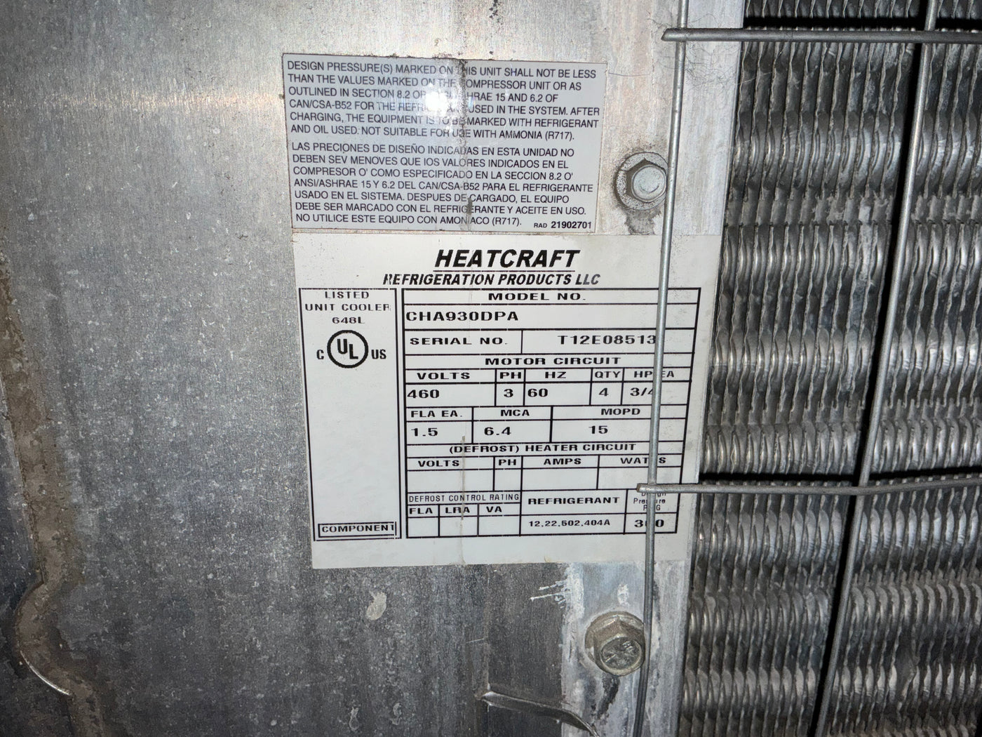 HEATCRAFT CHA930DPA 93000 BTU Evaporator unit #889