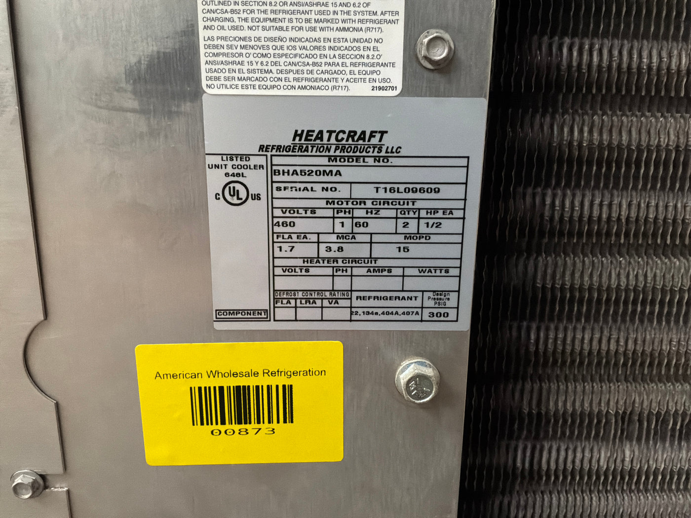 BOHN BHA520MA 52000 BTU Evaporator unit #873