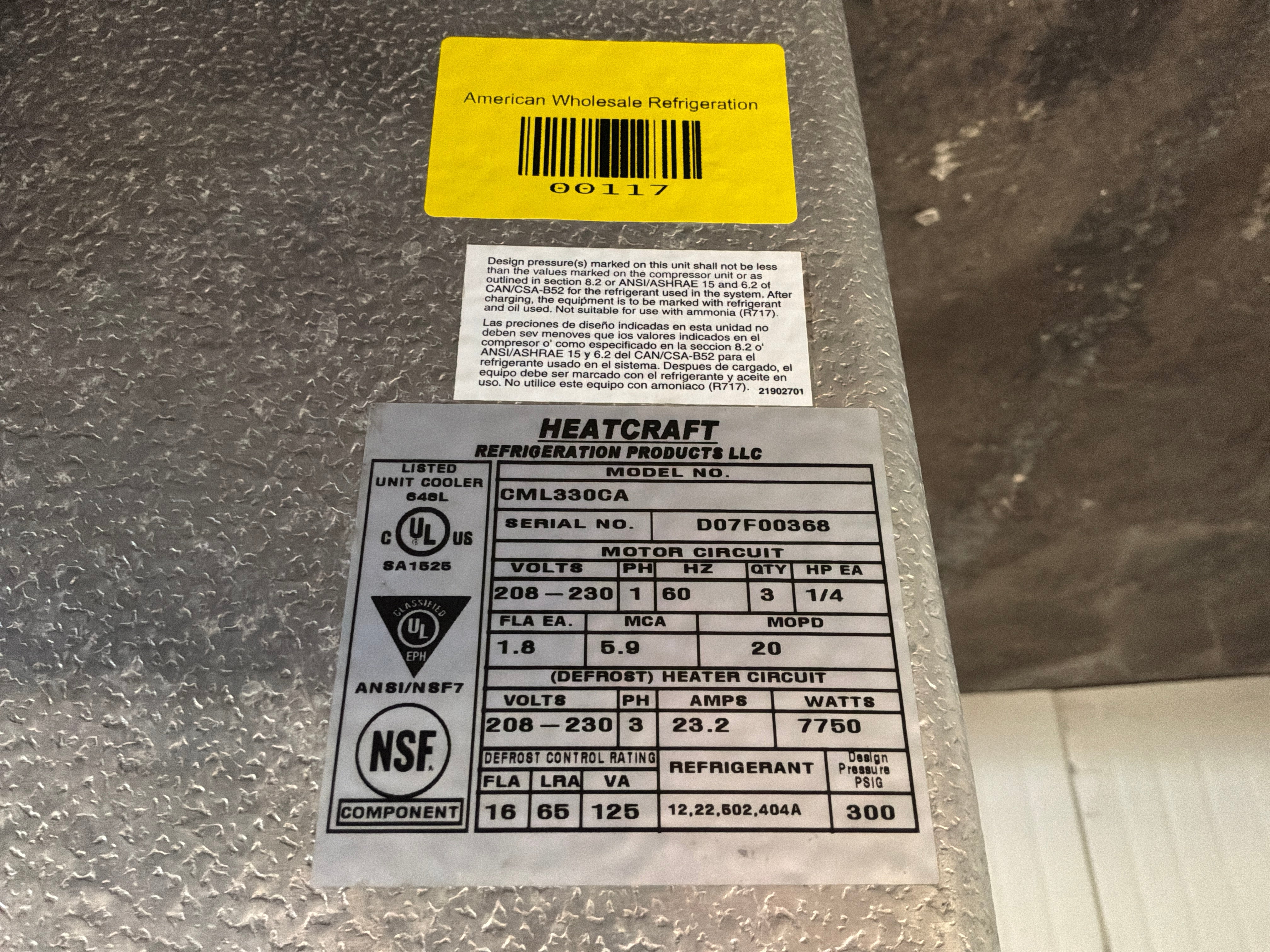 HEATCRAFT CML330CA 33000 BTU EVAPORATORS #114 + #117
