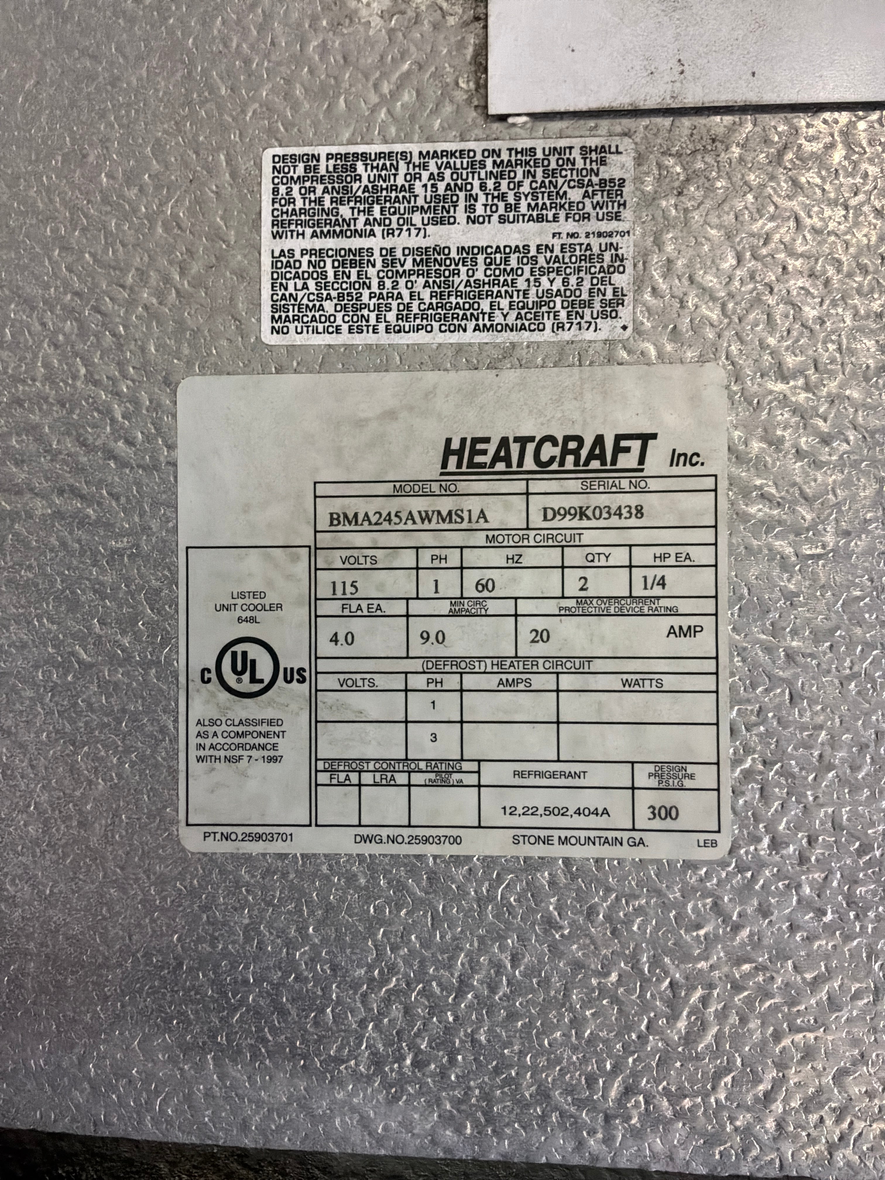BOHN BMA245AWMS1A 24500 BTU EVAPORATORS #658 + #659