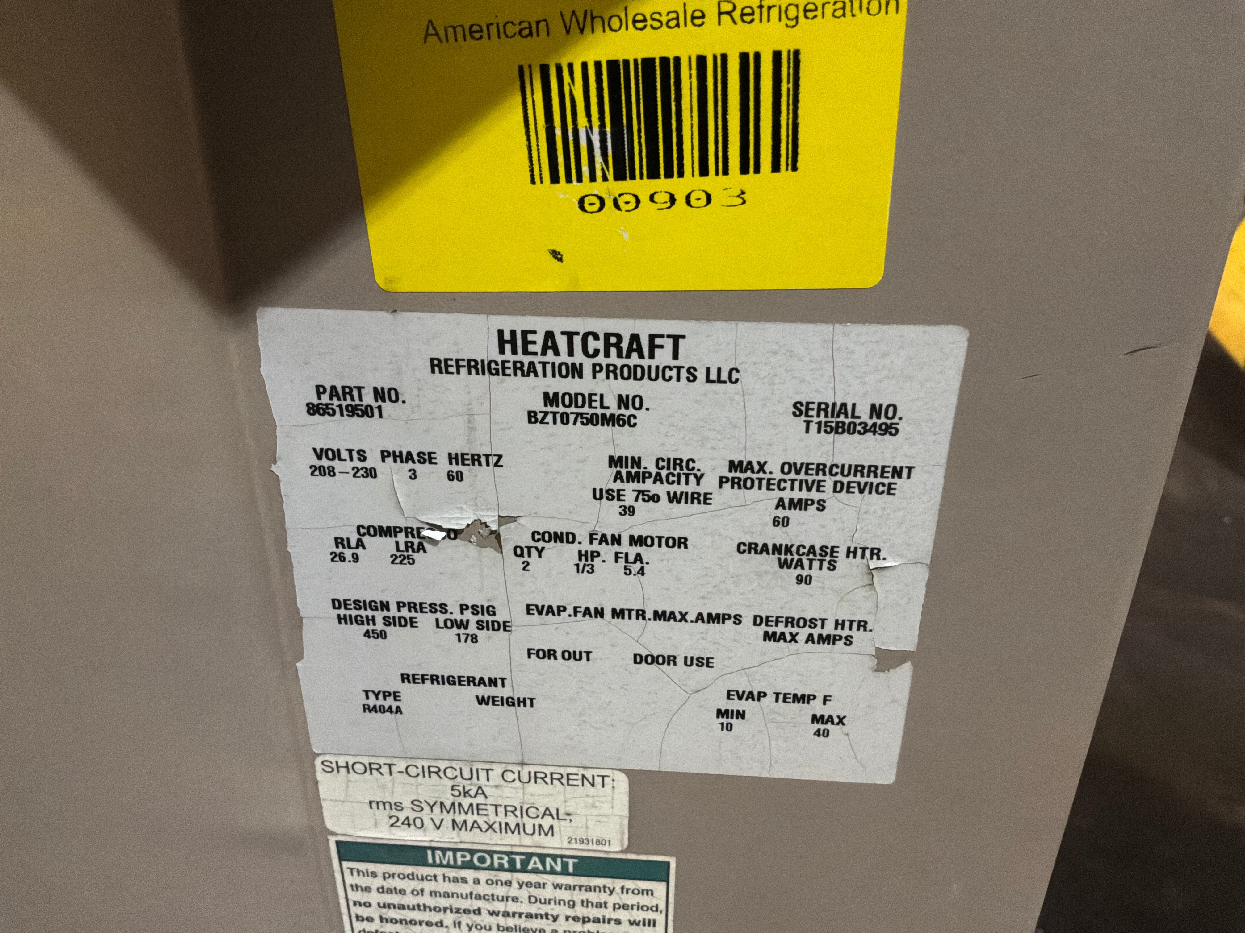 HEATCRAFT BZT0750M6C 7.5HP CONDENSER #903