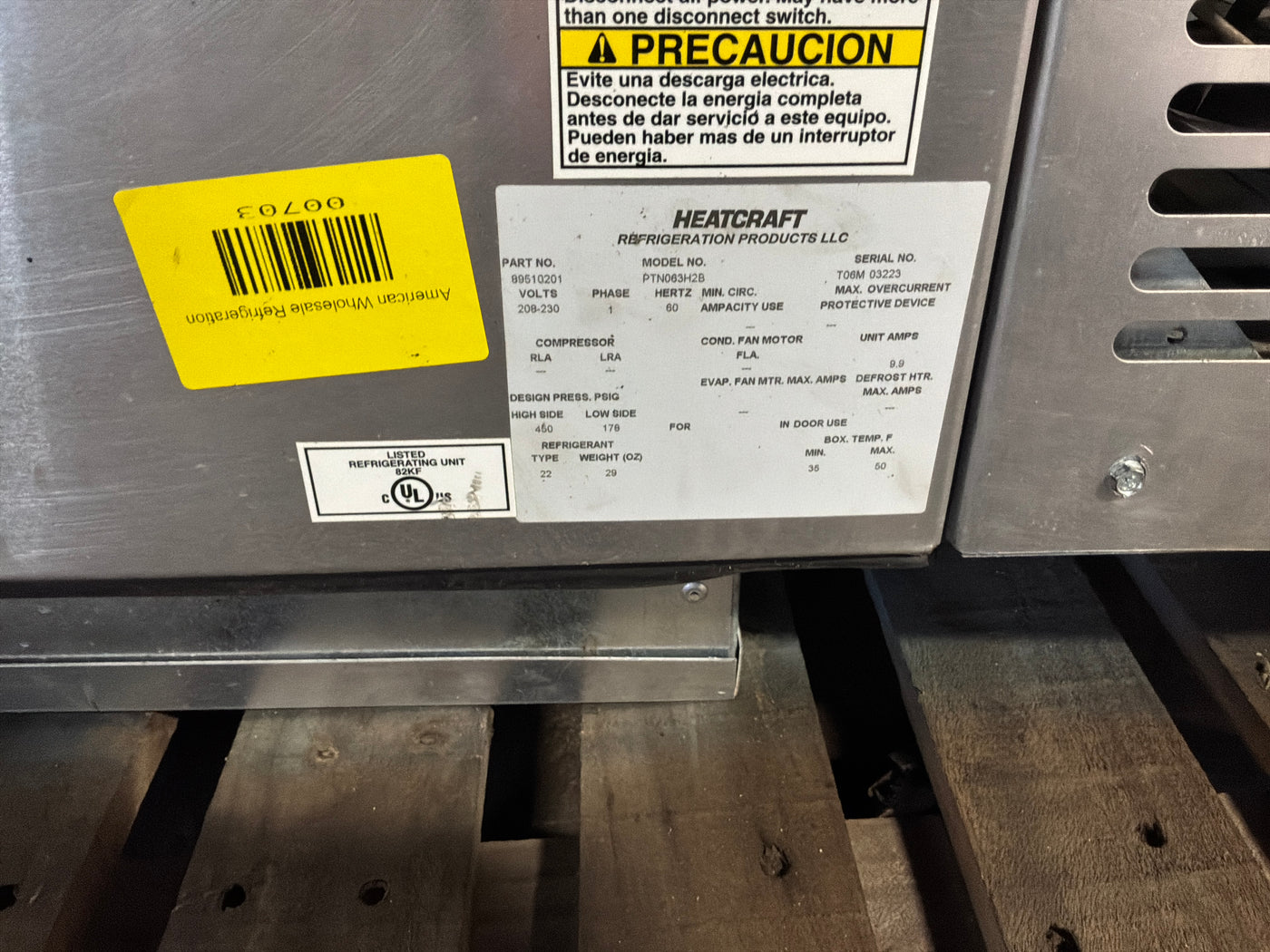 BOHN PTN063H2B 6HP DROP IN CONDENSING UNIT #703