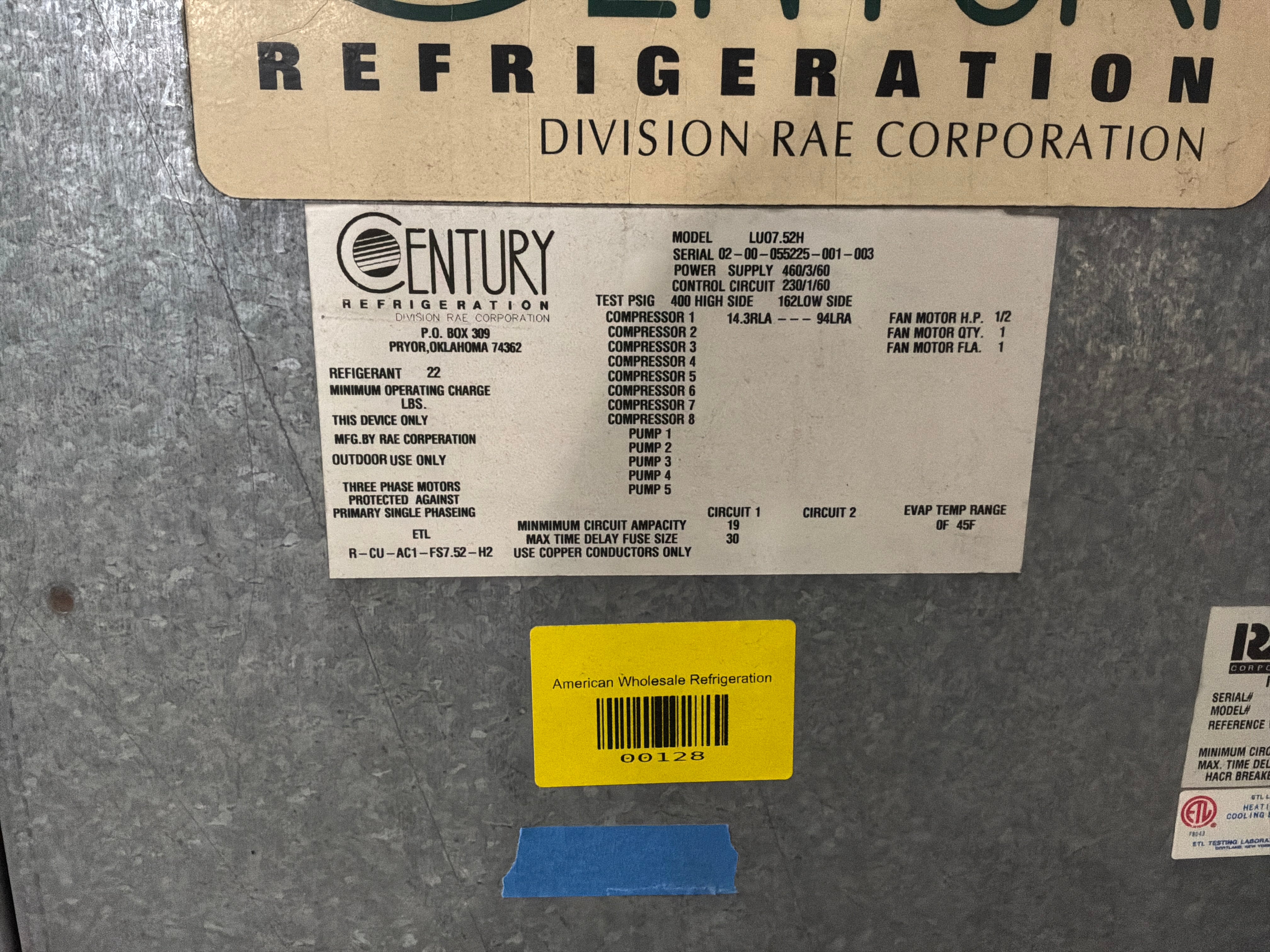 Century LU07.52H 7.5 HP Condenser #128