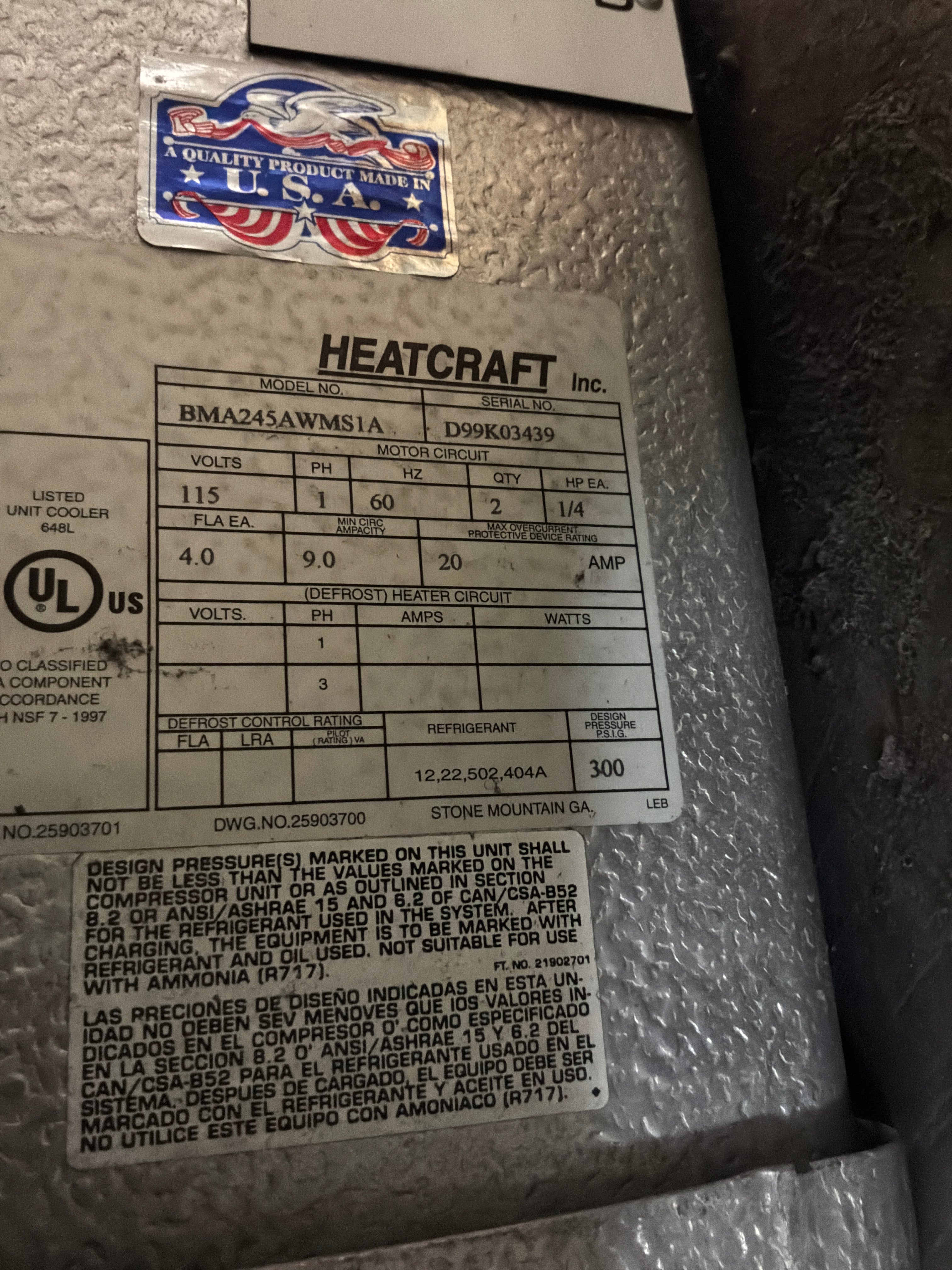 BOHN BMA245AWMS1A 24500 BTU EVAPORATORS #654 + #655
