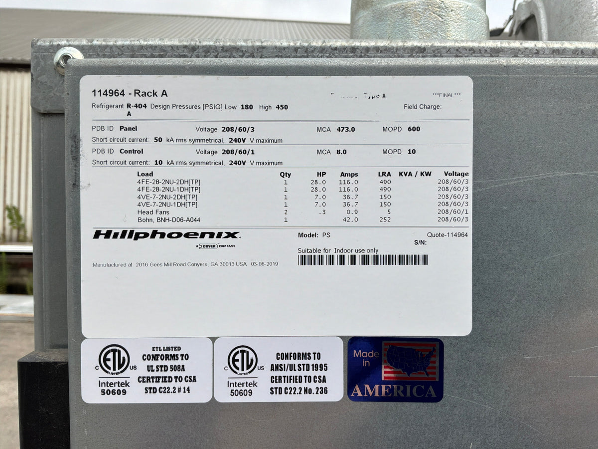 Hill Phoenix 70 HP Compressor Rack w/ Outdoor Condenser 208/230/3 Ph Model PS