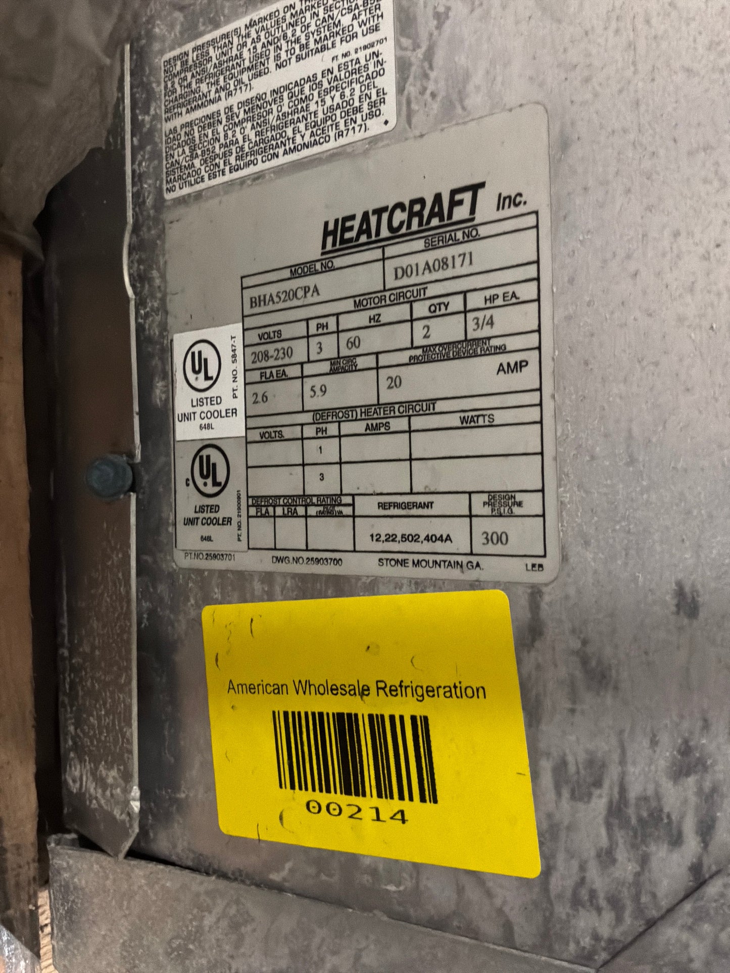 Bohn Evaporator #BHA520CPA 52,000 BTU Used Unit #214