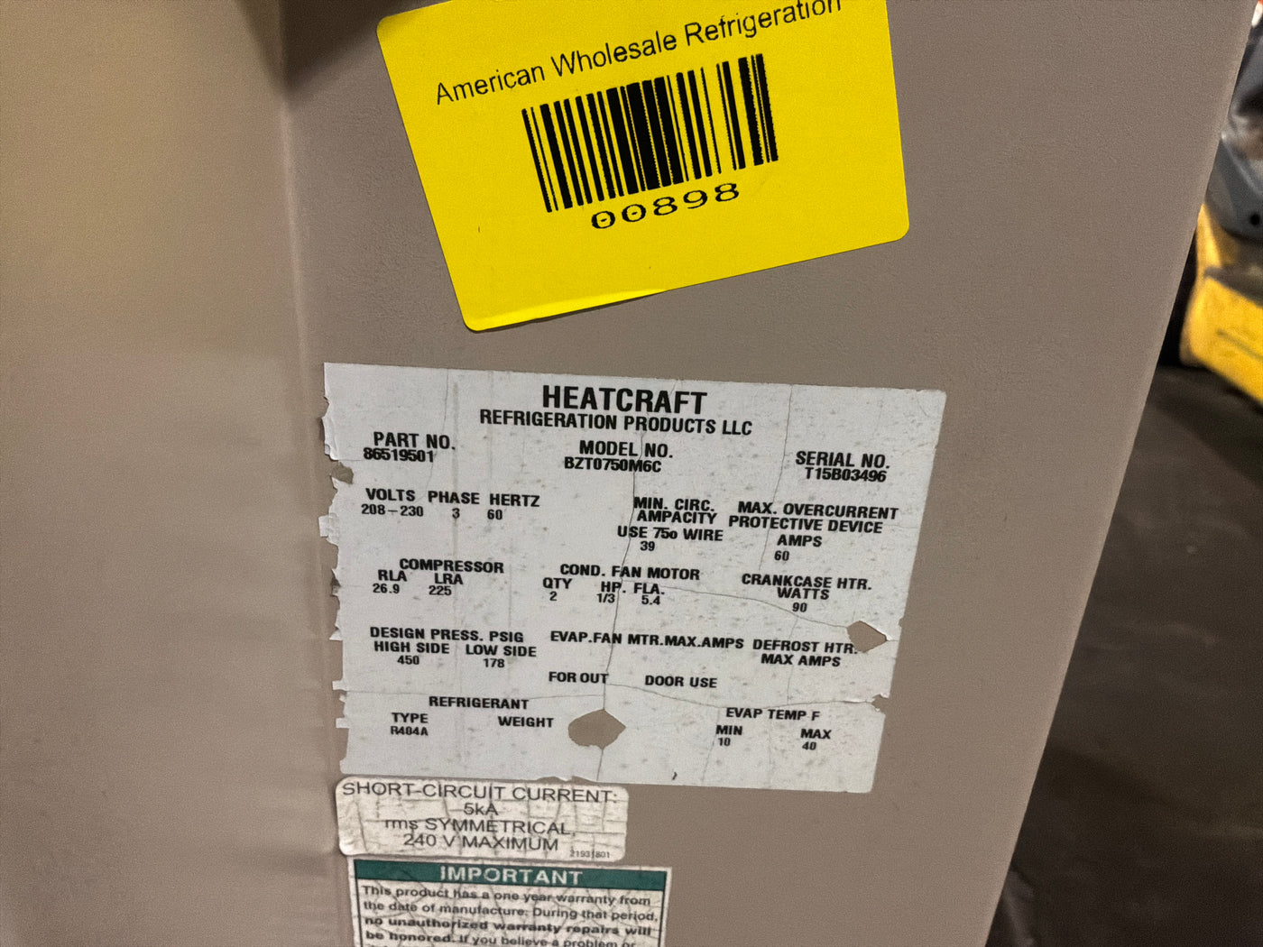 HEATCRAFT BZT0750M6C 7.5HP CONDENSER #898