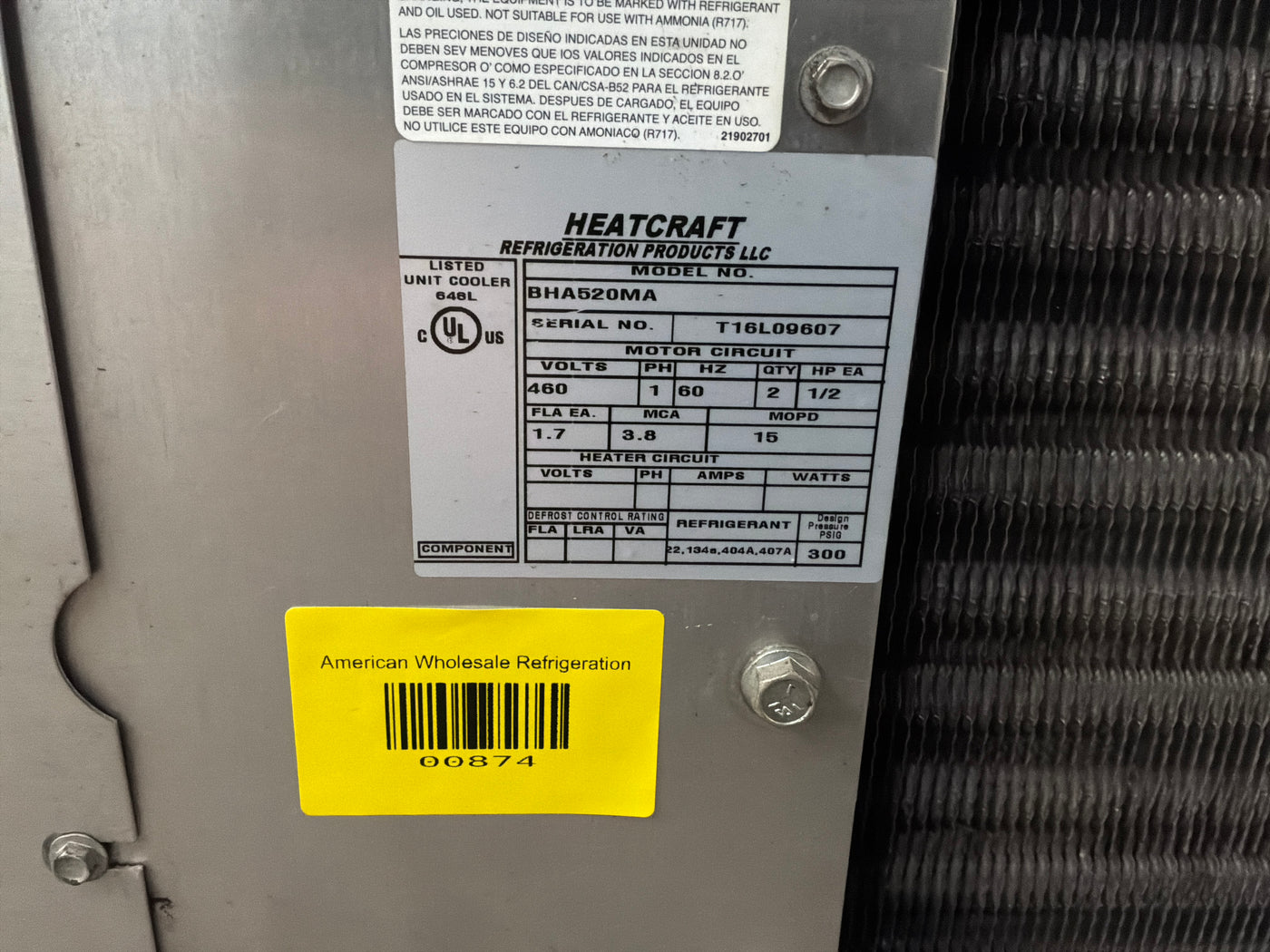 BOHN BHA520MA 52000 BTU Evaporator unit #874