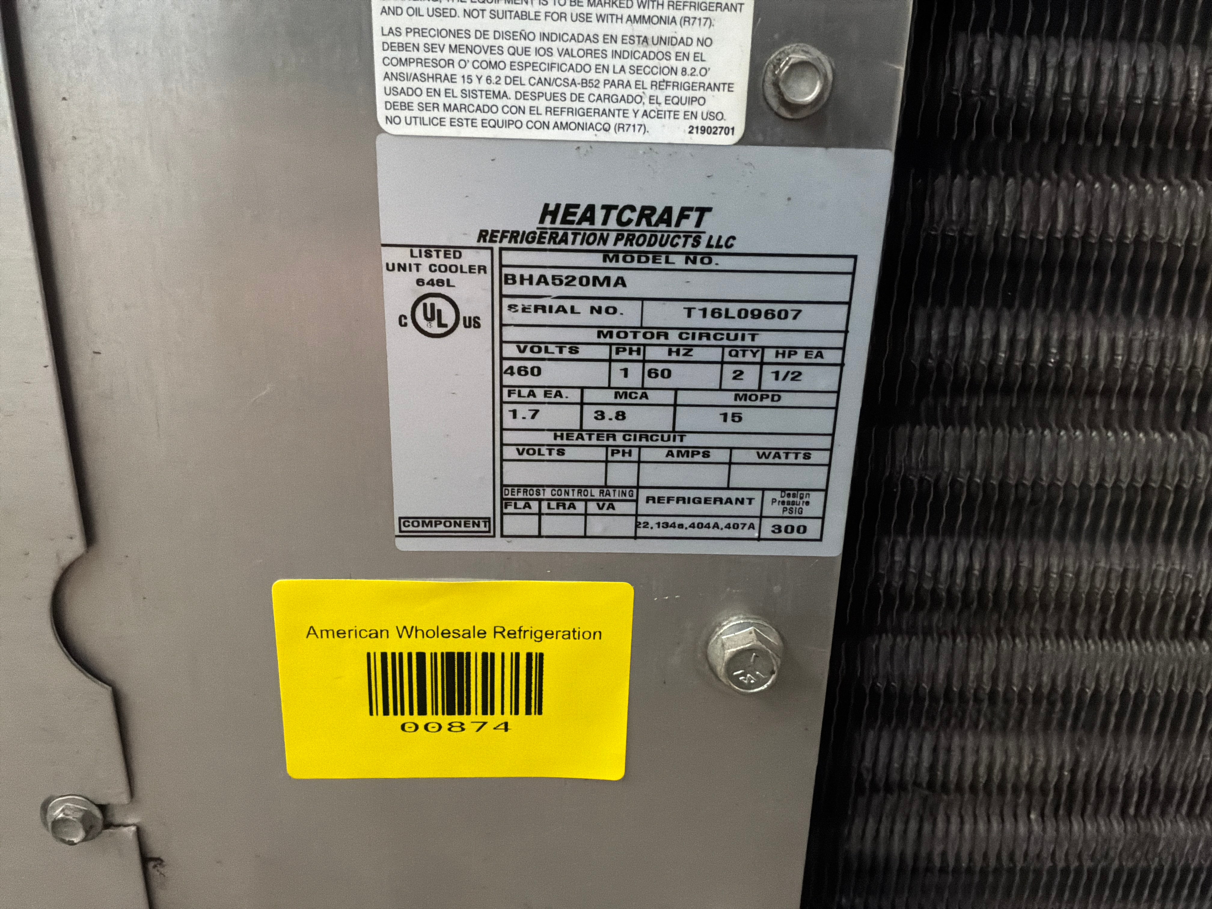 BOHN BHA520MA 52000 BTU Evaporator unit #874