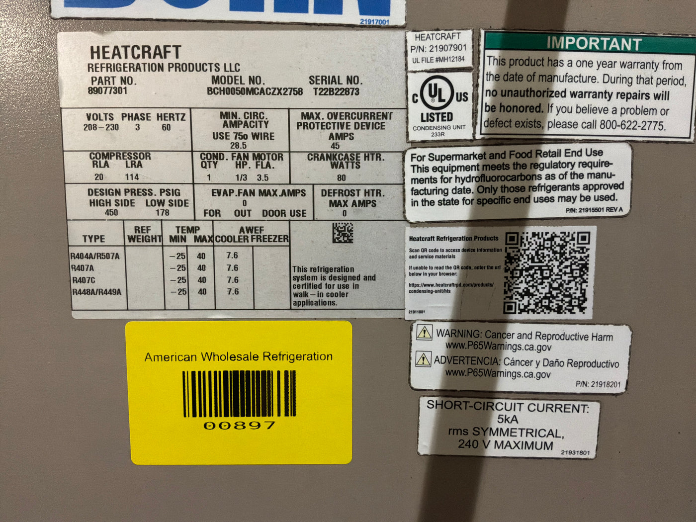 BOHN BCH0050MCACZX2758 5HP CONDENSER #897