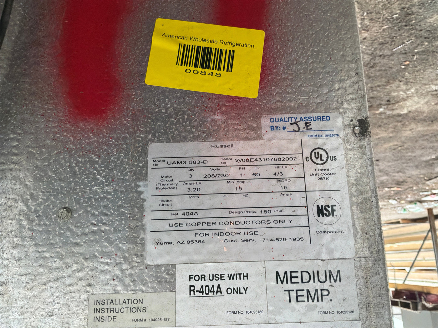 RUSSELL UAM3-583-D 58300 BTU EVAPORATOR #848