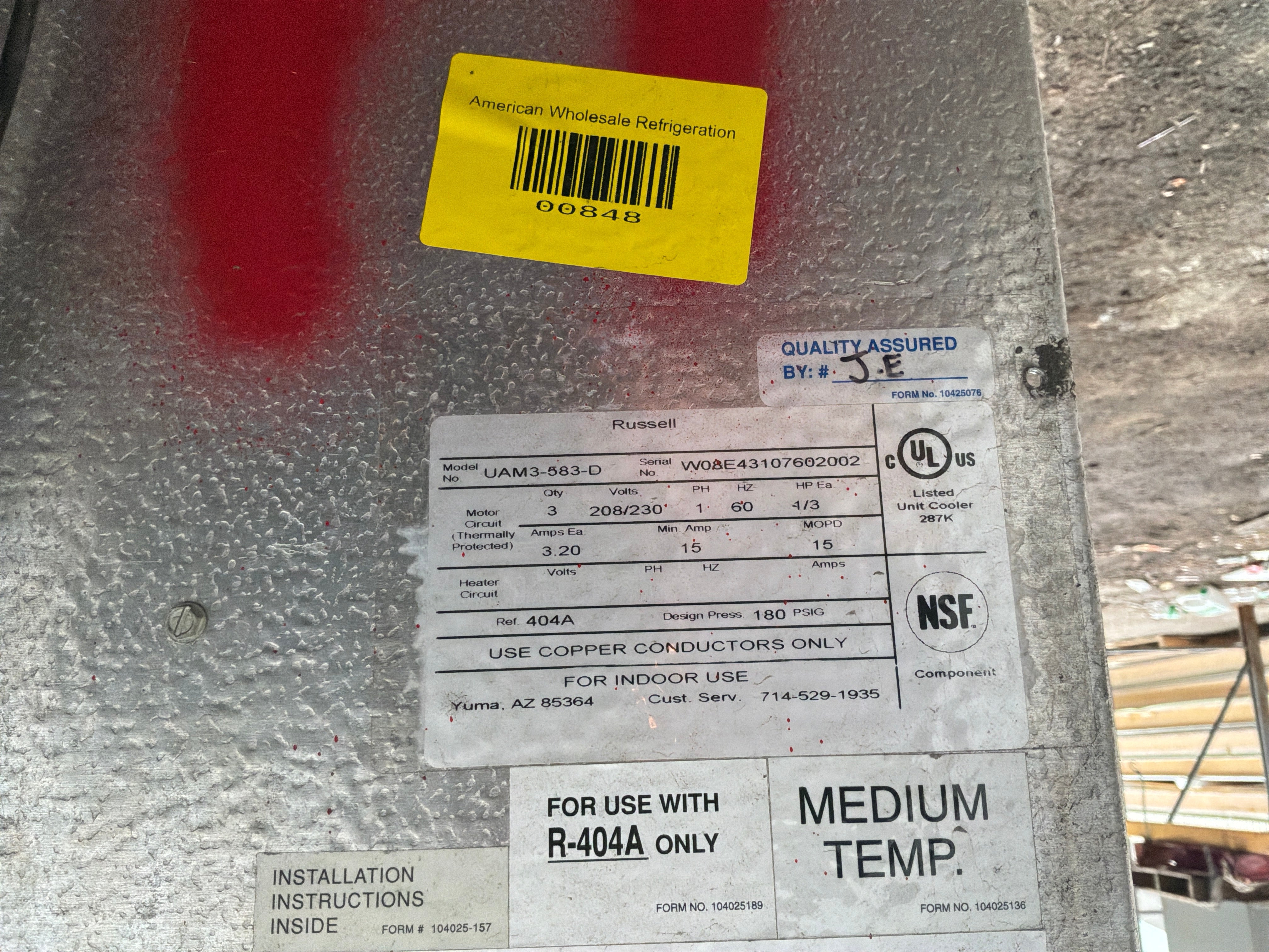 RUSSELL UAM3-583-D 58300 BTU EVAPORATOR #848
