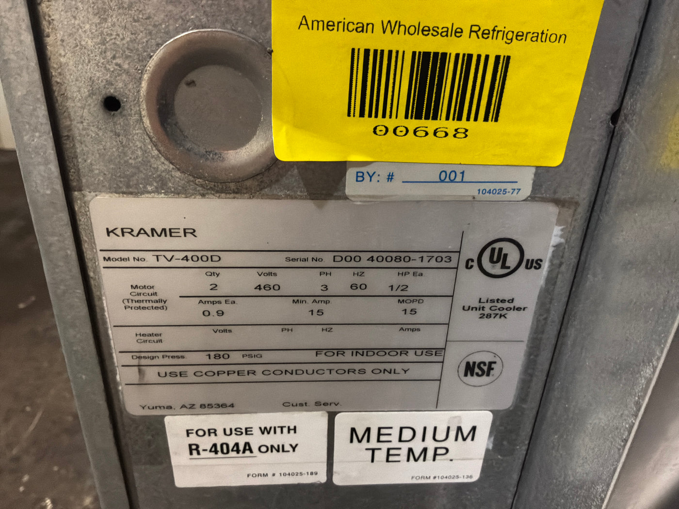 KRAMER TV-400D 40000 BTU EVAPORATOR #668