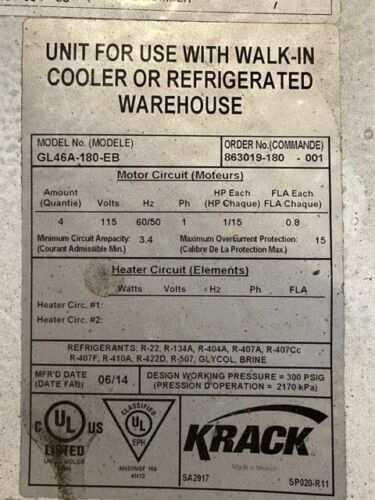 Krack Brand Evaporator Used Unit Model #GL46A-180-EB 18000 BTU Electric Defrost
